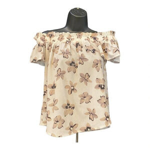 NWT PaperMoon Womens Sheer Cold Shoulder Crop Top Cream Floral Pattern Small